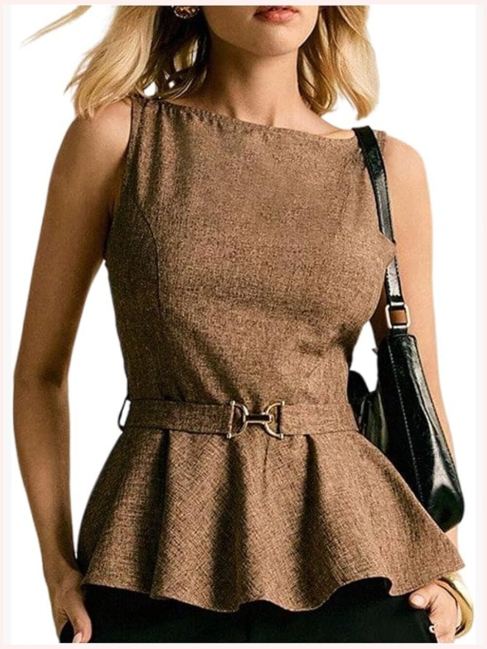 Boat Neck Sleeveless Blouse Ruffle Peplum Tank Top Women's Business Casual Tops